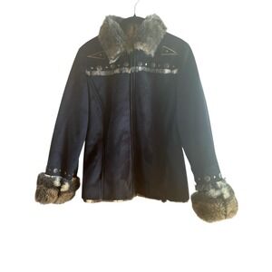 Montanaco Faux Suede Faux Fur Studded Penny Lane Black Woman's Size Small Jacket